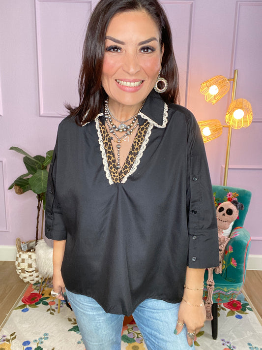 Leopard Contrast Lace Trim Top