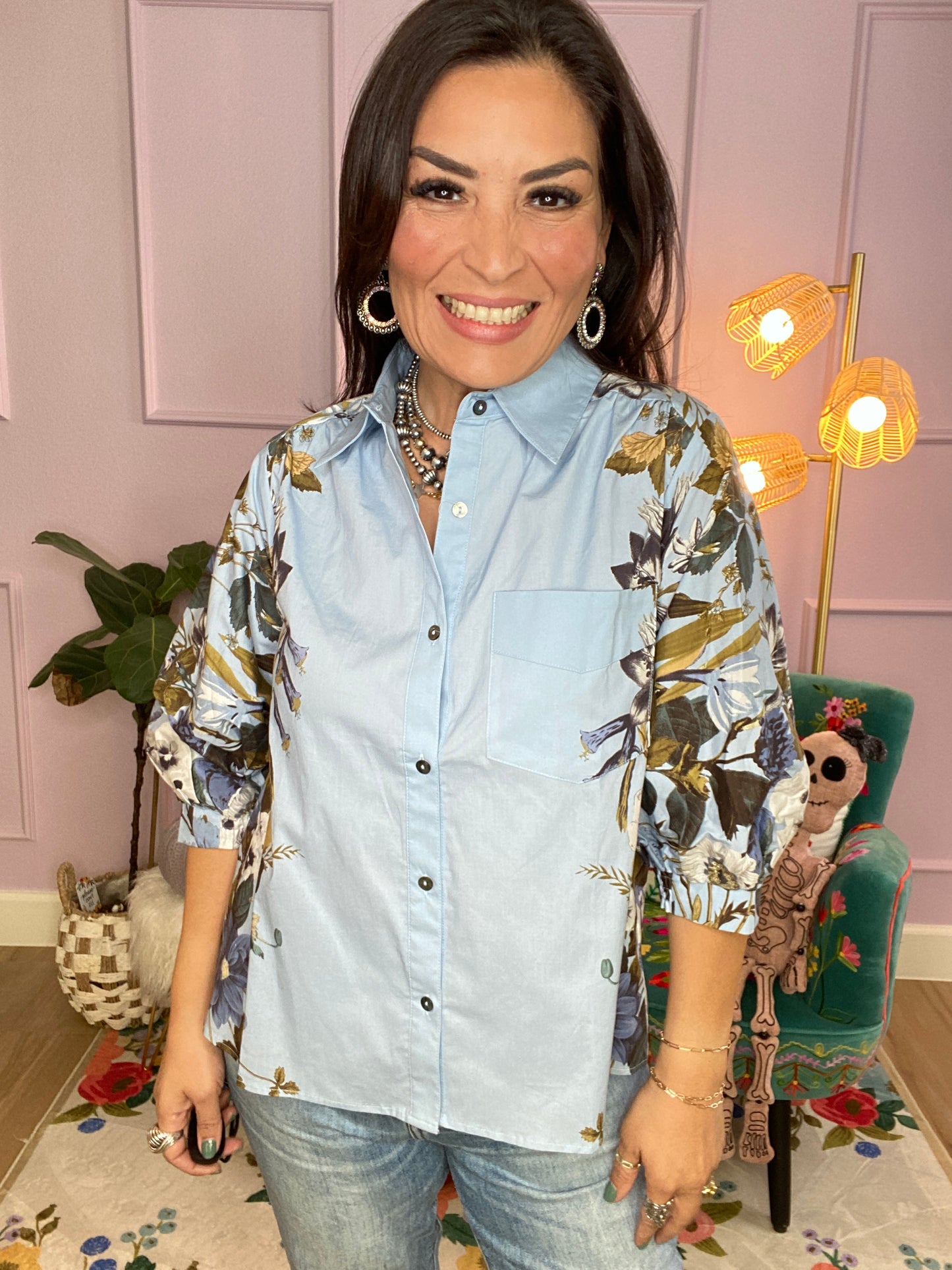 Floral Print Cuff Band Shirt