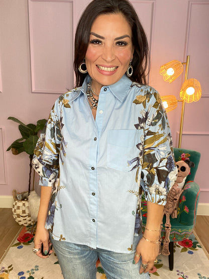 Floral Print Cuff Band Shirt