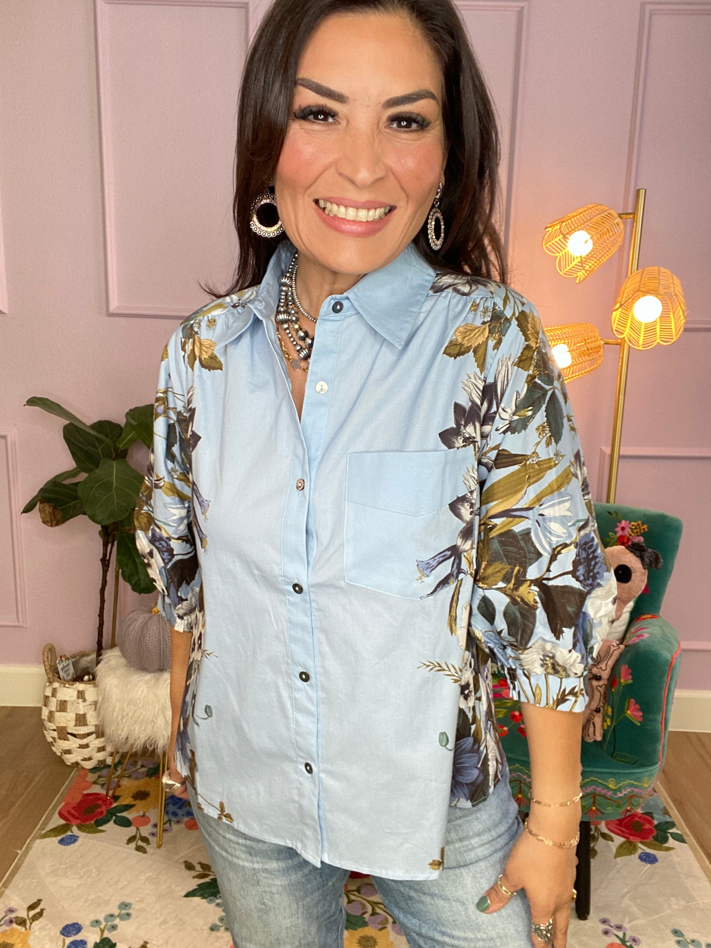 Floral Print Cuff Band Shirt