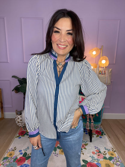 Striped Button-Down Ruffle Top