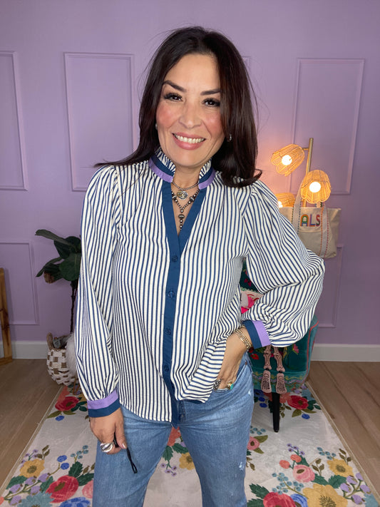 Striped Button-Down Ruffle Top
