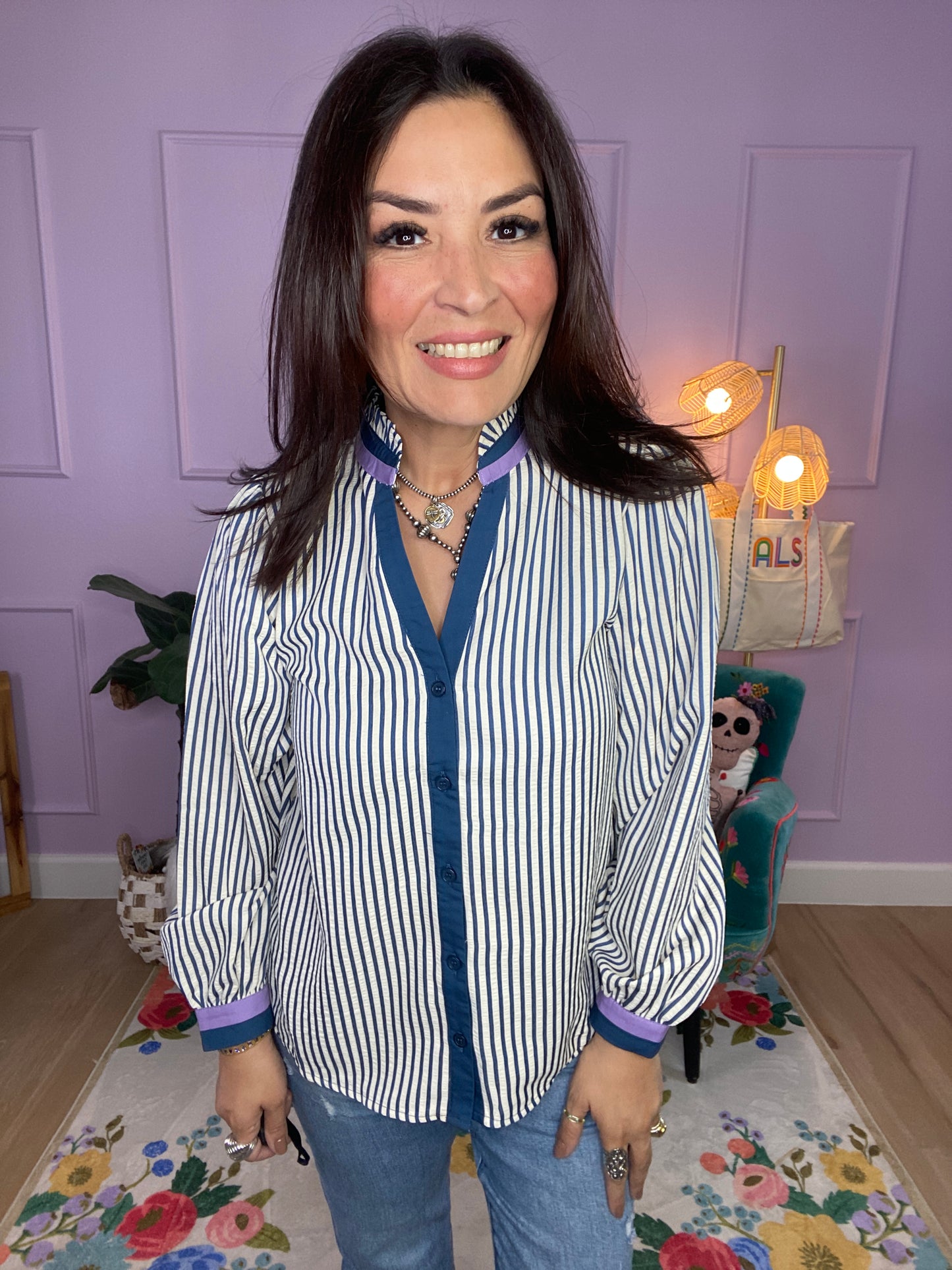 Striped Button-Down Ruffle Top