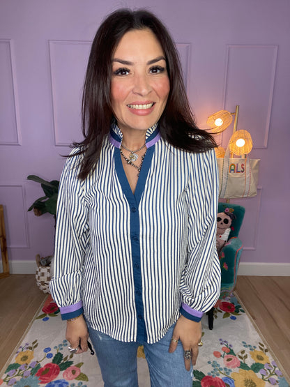 Striped Button-Down Ruffle Top