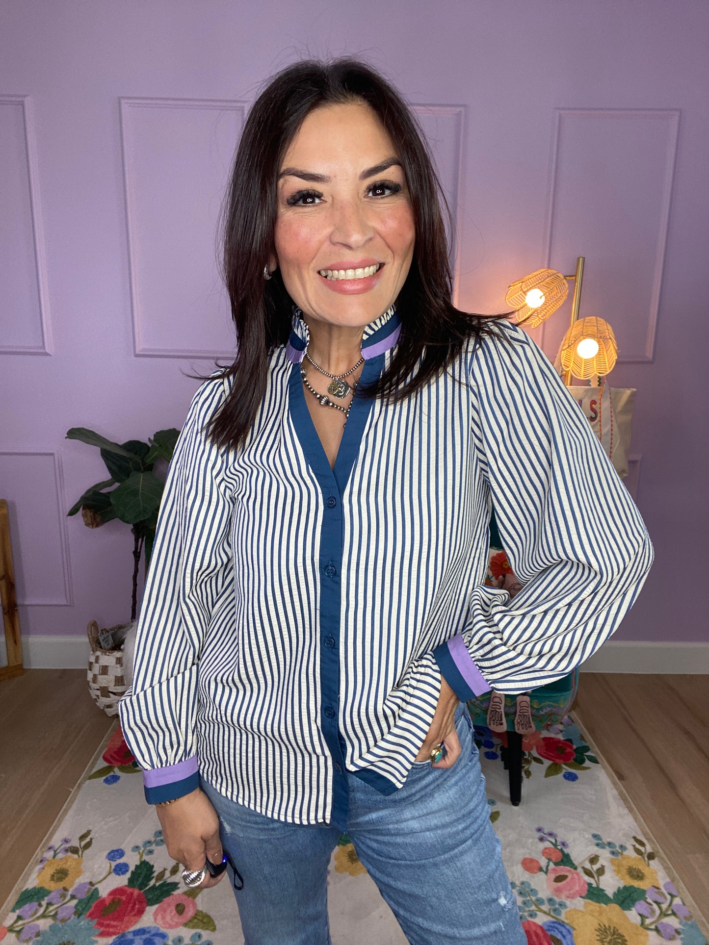 Striped Button-Down Ruffle Top