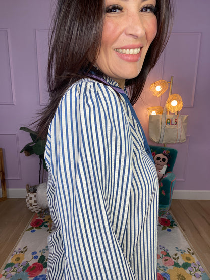 Striped Button-Down Ruffle Top