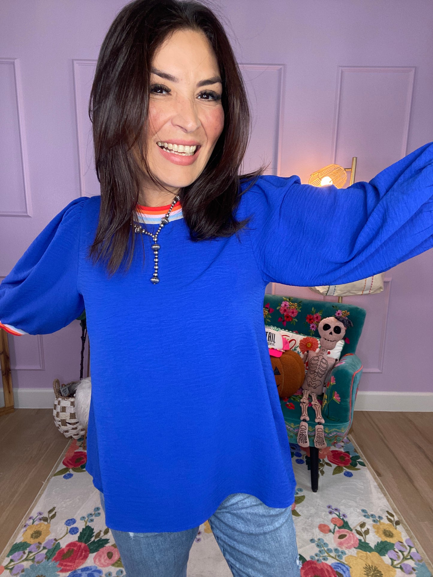 Solid U-Neck Peasant Sleeve Top