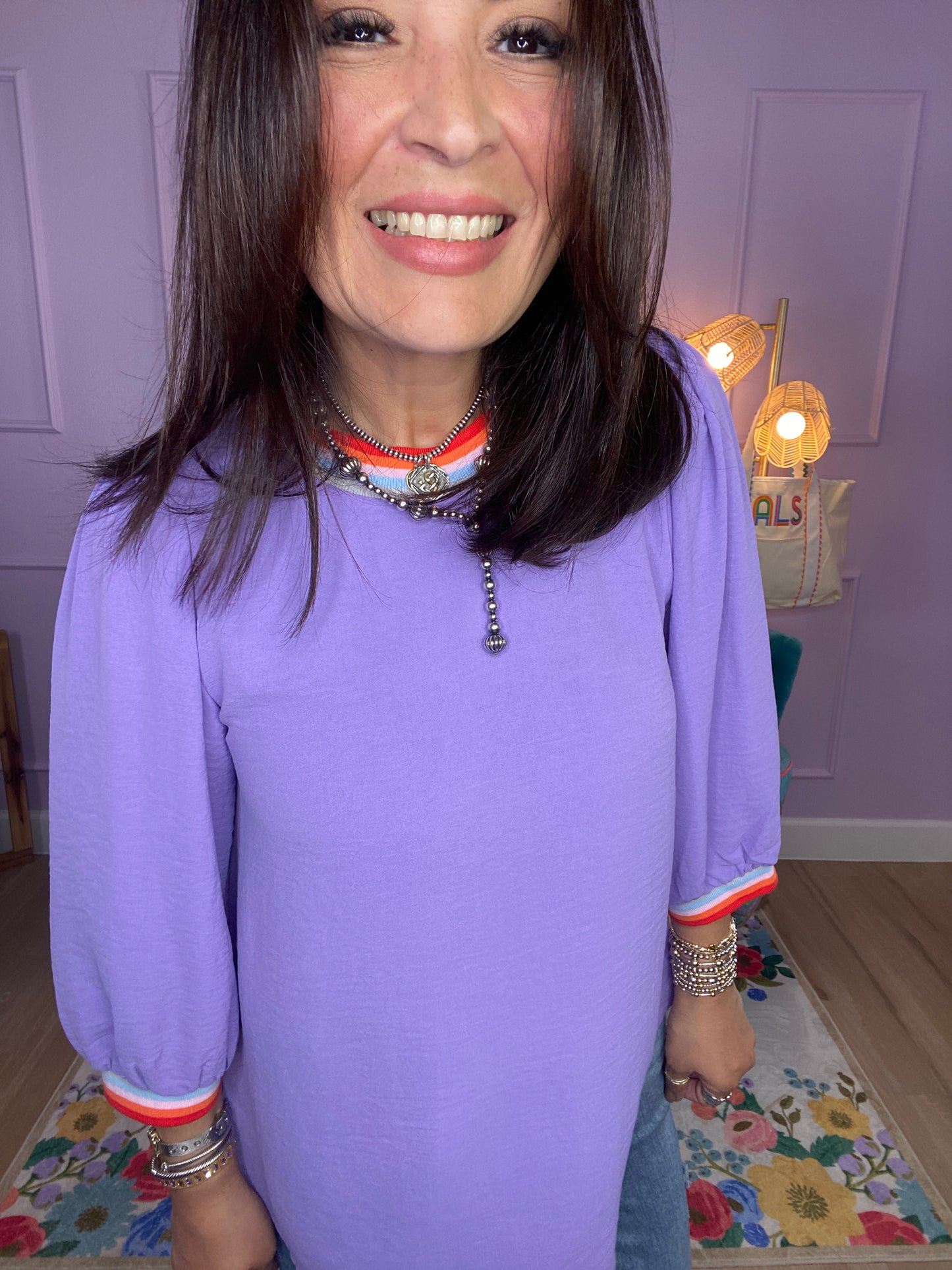 Solid U-Neck Peasant Sleeve Top - Lilac