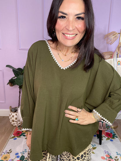 Relaxed Elegance Batwing Top - Olive