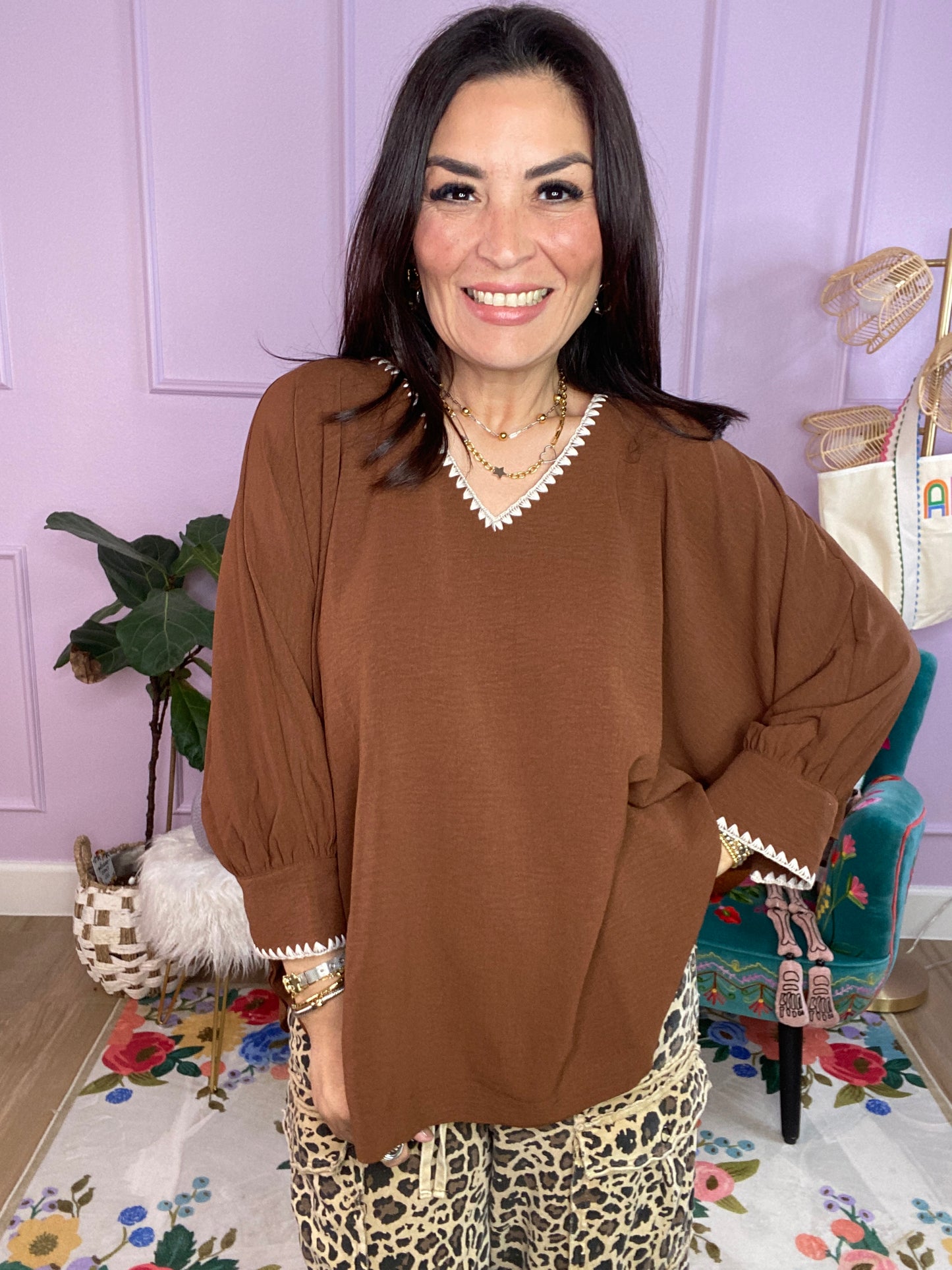 Relaxed Elegance Batwing Top - BROWN