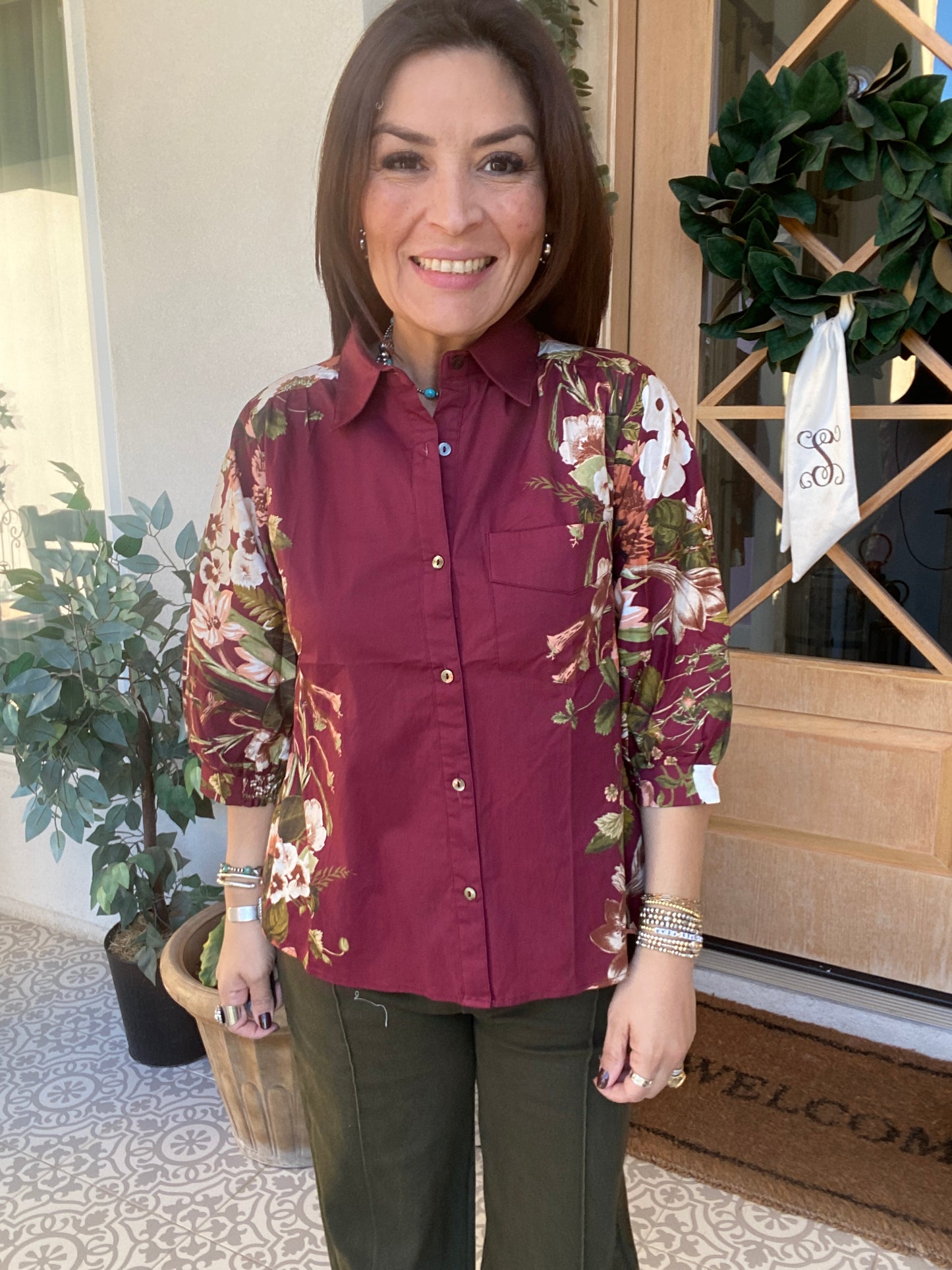 Burgundy Floral Print Button Front Shirt