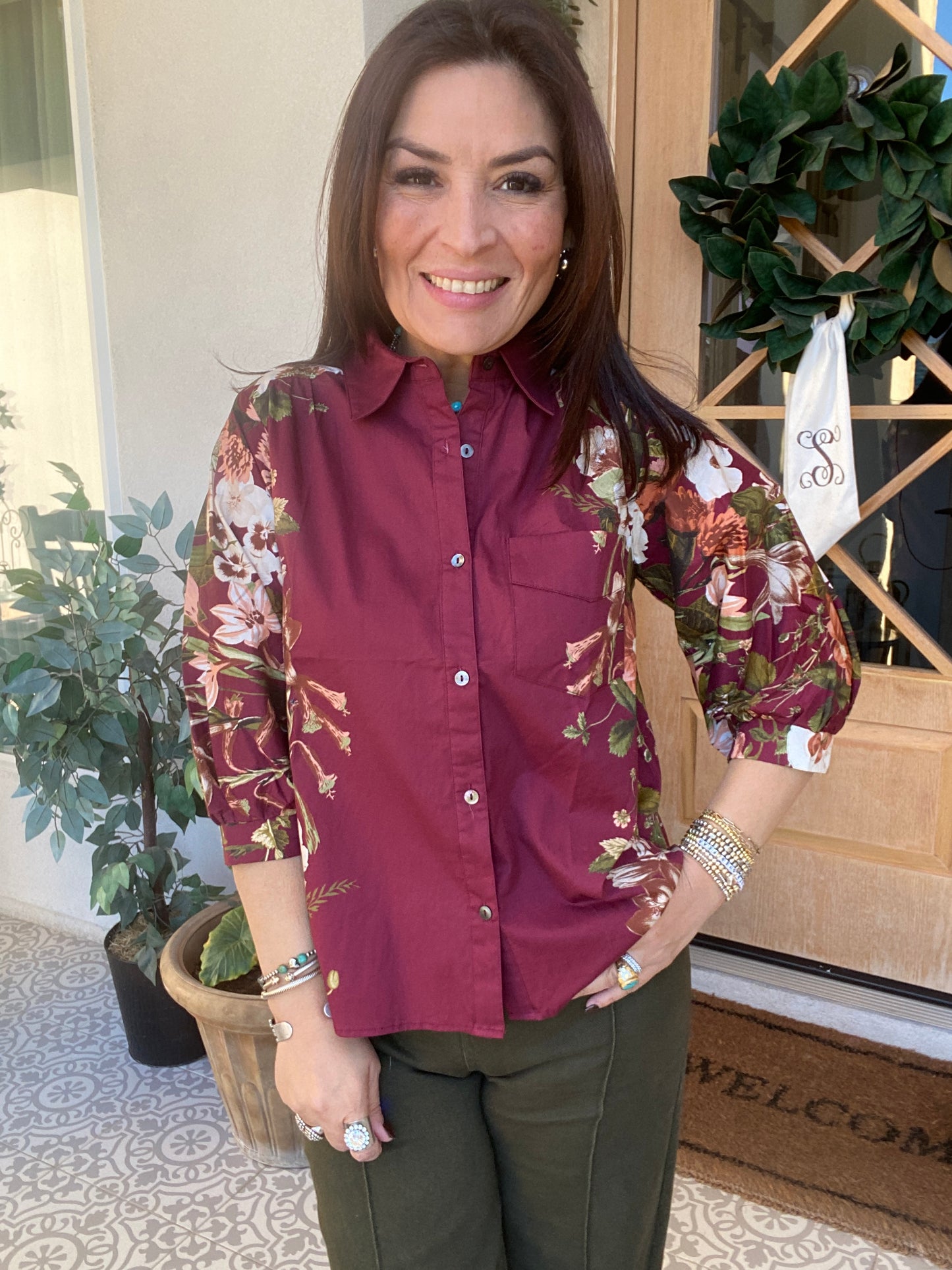 Burgundy Floral Print Button Front Shirt