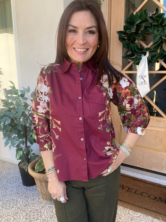 Burgundy Floral Print Button Front Shirt