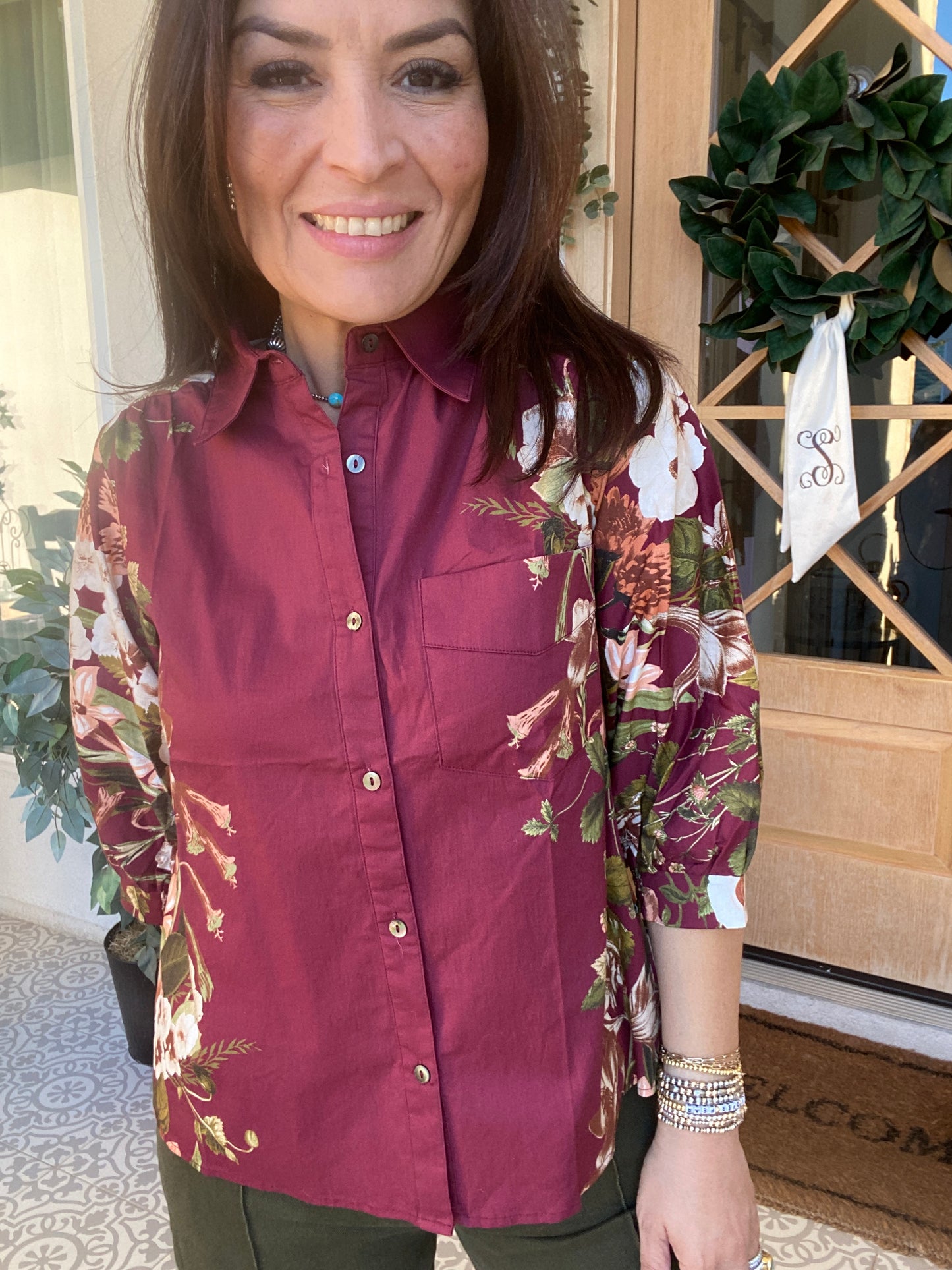 Burgundy Floral Print Button Front Shirt