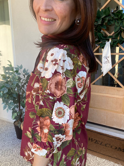 Burgundy Floral Print Button Front Shirt