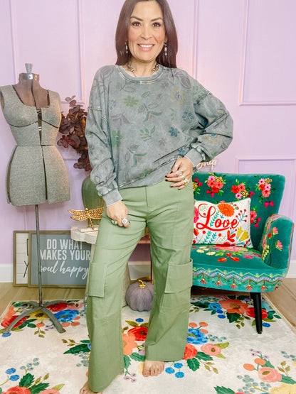 Poly Linen Cargo Wide Pants - Olive Grey