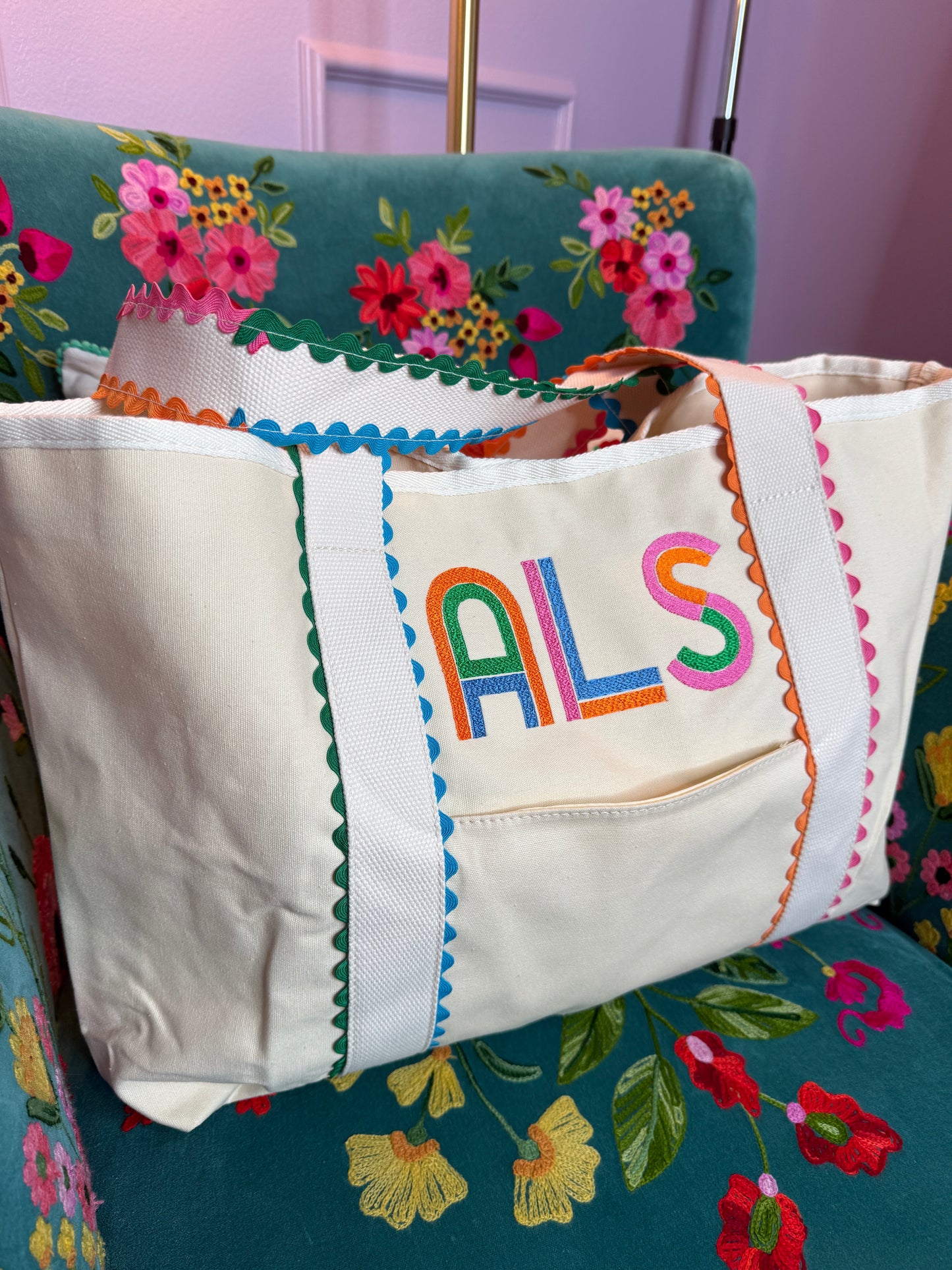 BE HAPPY RIC RAC TOTE BAG