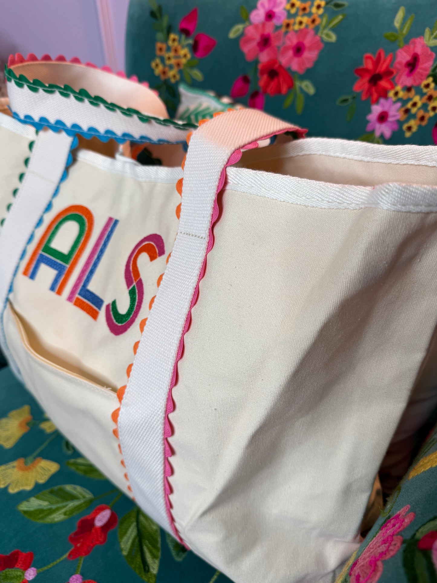BE HAPPY RIC RAC TOTE BAG