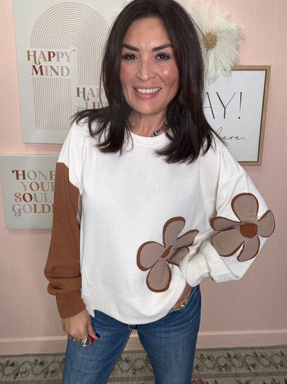 Textured Rib Flower Patchwork Top with Uneven Hem