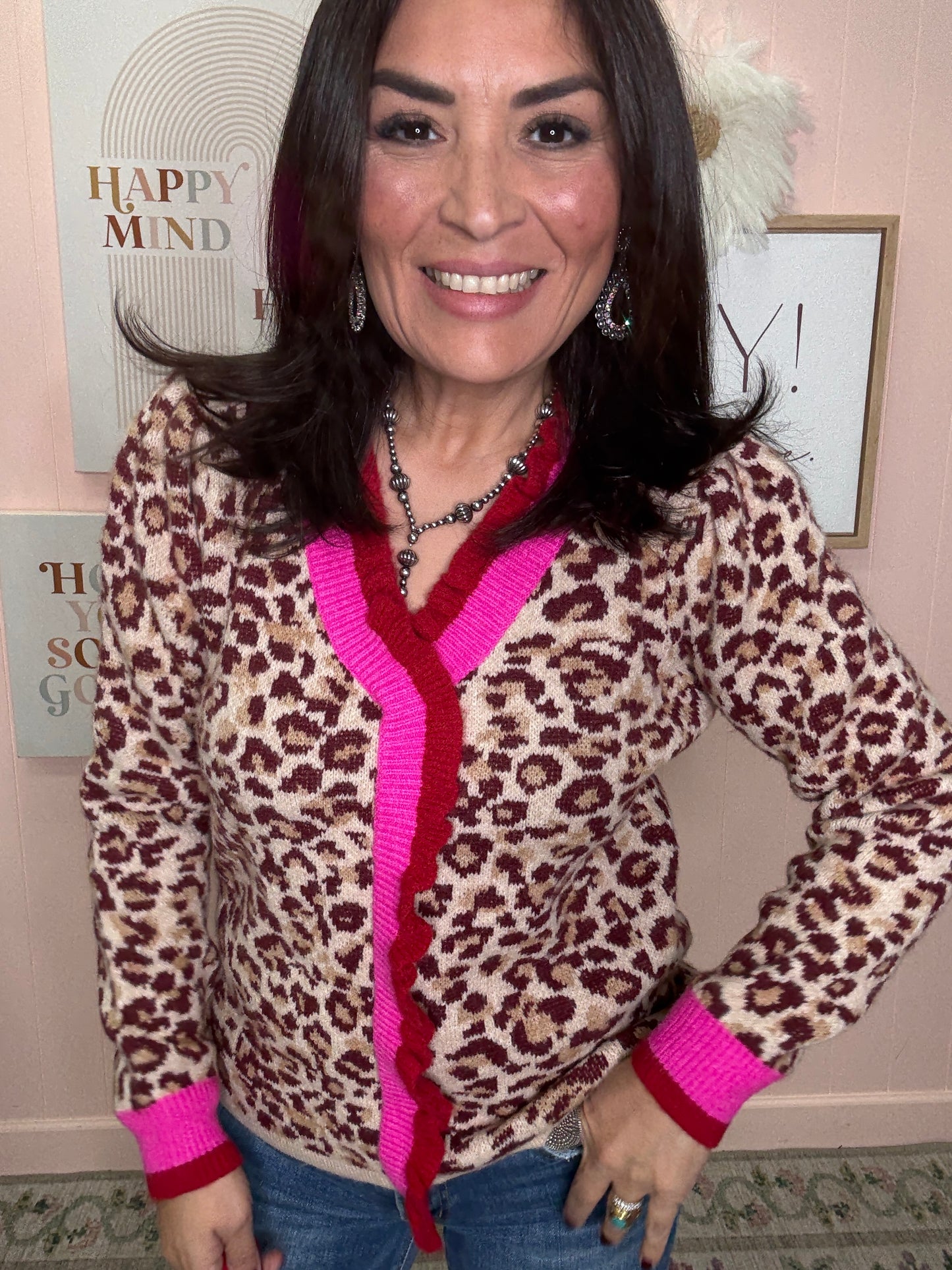 LEOPARD ARTWORK PULLOVER SWEATER TOP CONTRAST EDGE TRIM