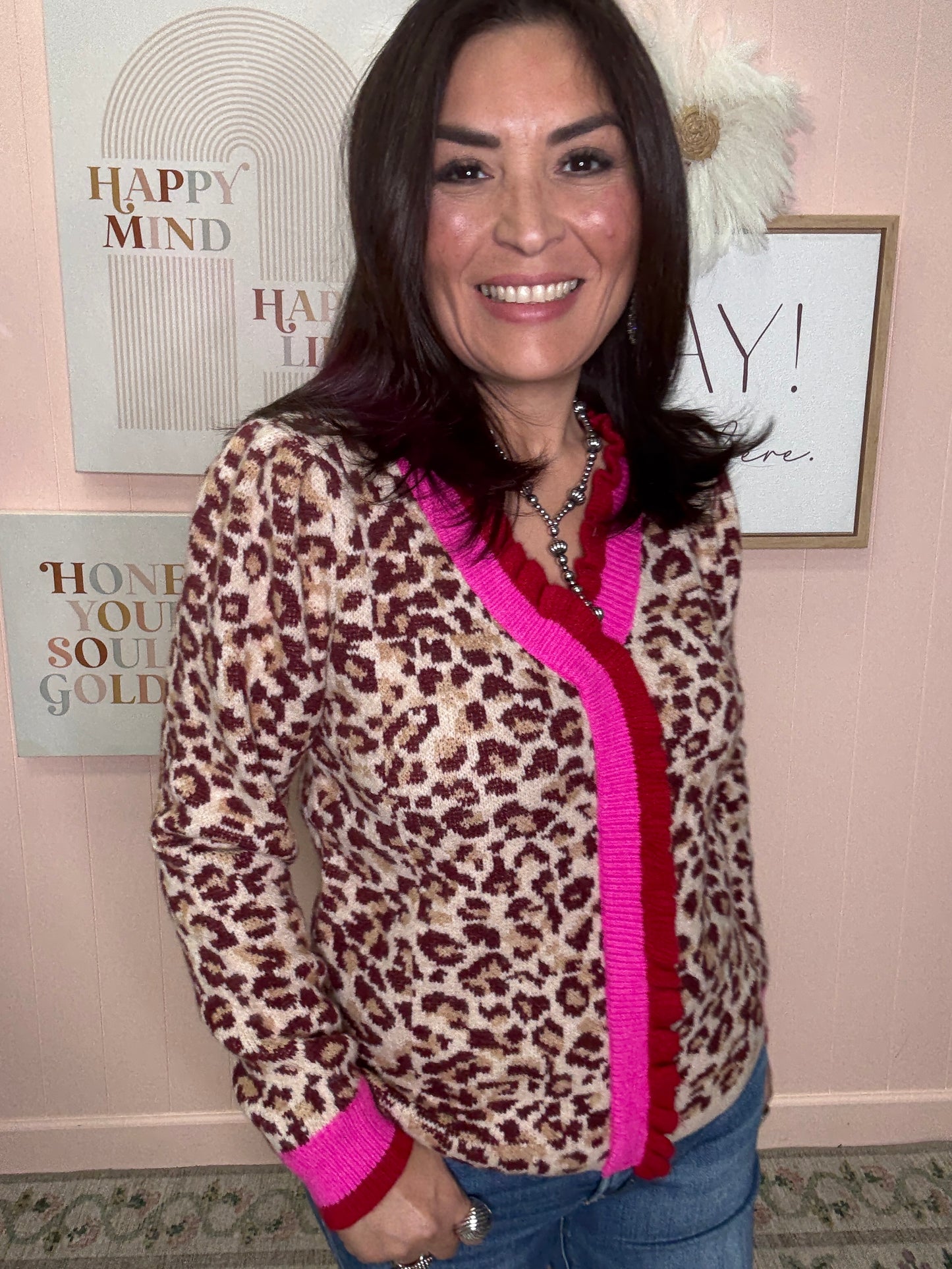 LEOPARD ARTWORK PULLOVER SWEATER TOP CONTRAST EDGE TRIM