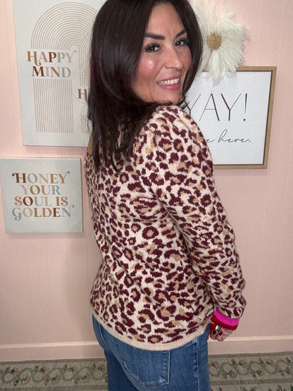 LEOPARD ARTWORK PULLOVER SWEATER TOP CONTRAST EDGE TRIM