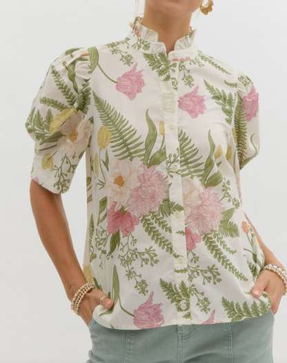 Floral print ruffled neck top
