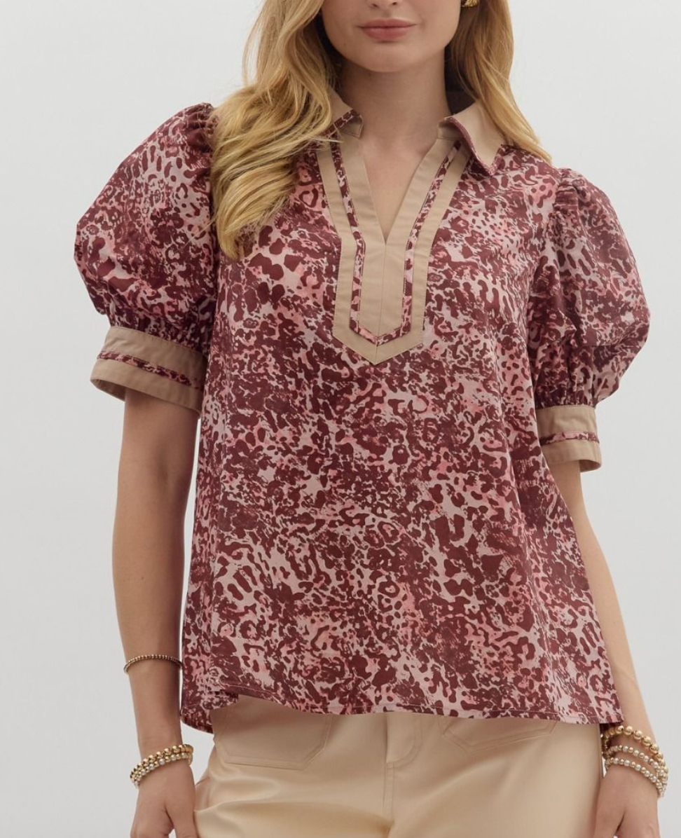 Animal pattern short cuff band sleeve top
