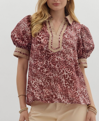 Animal pattern short cuff band sleeve top