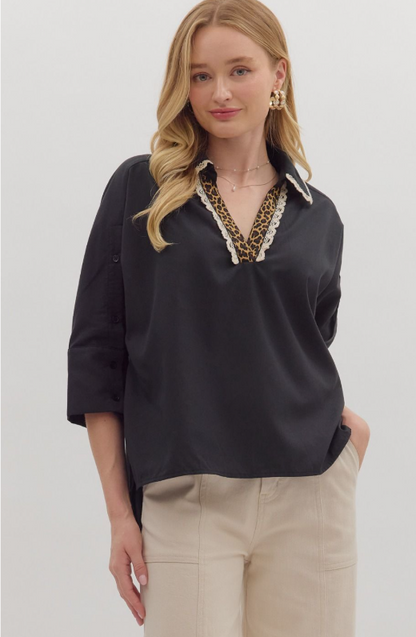 Leopard Contrast Lace Trim Top