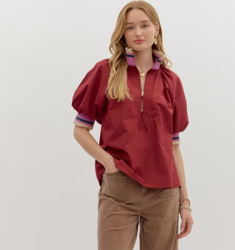Zip-Front Accent Band Top