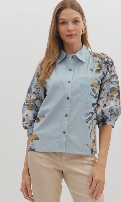 Floral Print Cuff Band Shirt