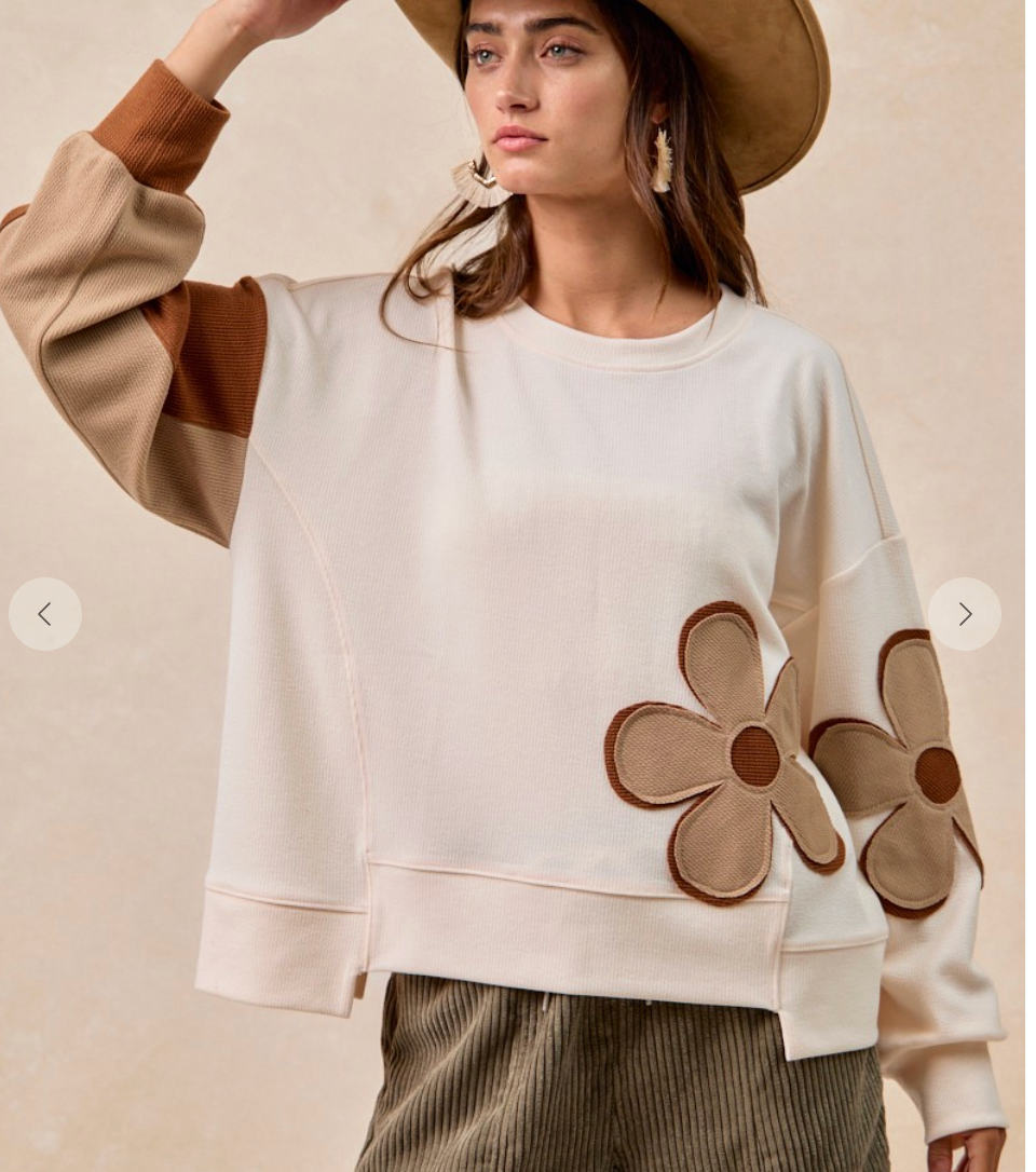 Textured Rib Flower Patchwork Top with Uneven Hem