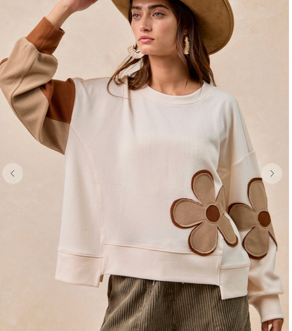 Textured Rib Flower Patchwork Top with Uneven Hem