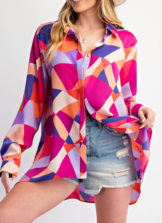 GEO PRINTED MIRABELLE SATIN BUTTON DOWN SHIRT - MR