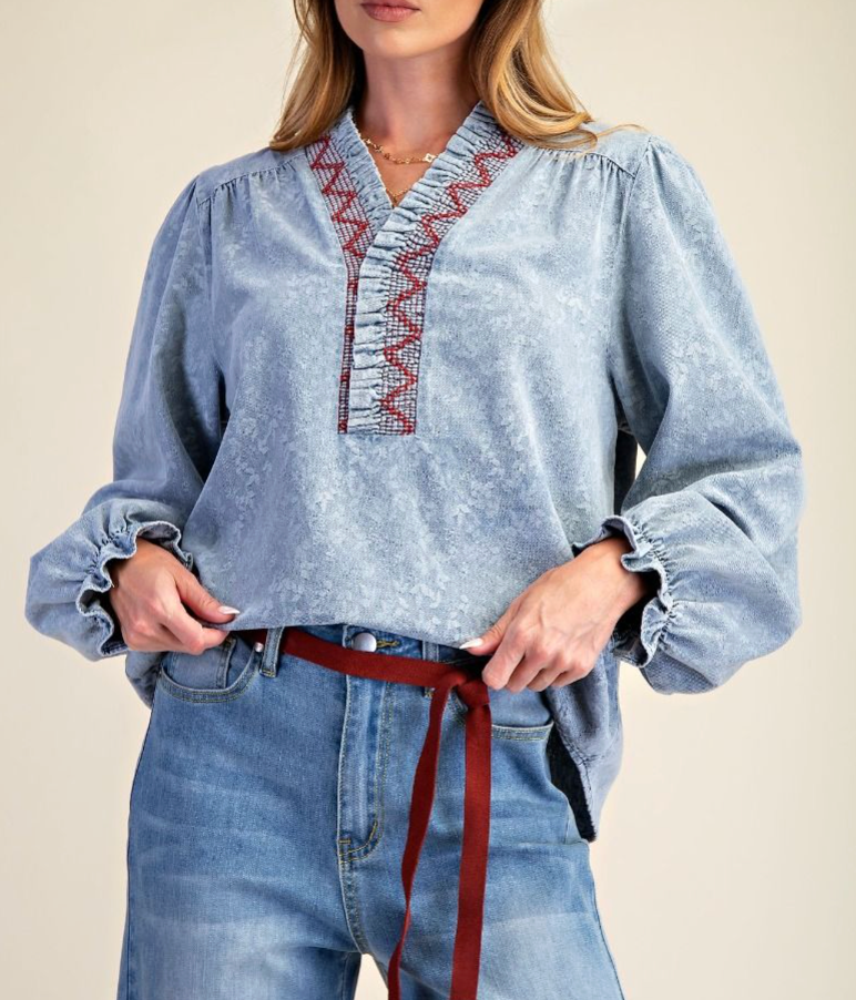 JACQUARD DENIM BLOUSE - light denim