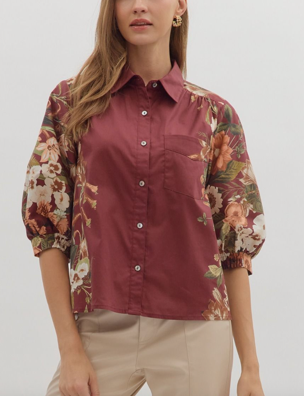 Burgundy Floral Print Button Front Shirt