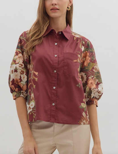 Burgundy Floral Print Button Front Shirt