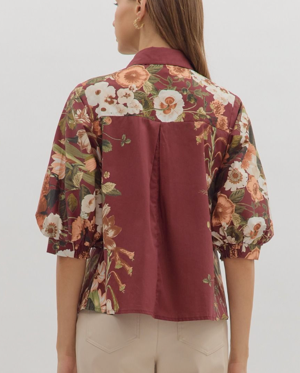 Burgundy Floral Print Button Front Shirt