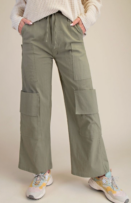 Poly Linen Cargo Wide Pants - Olive Grey