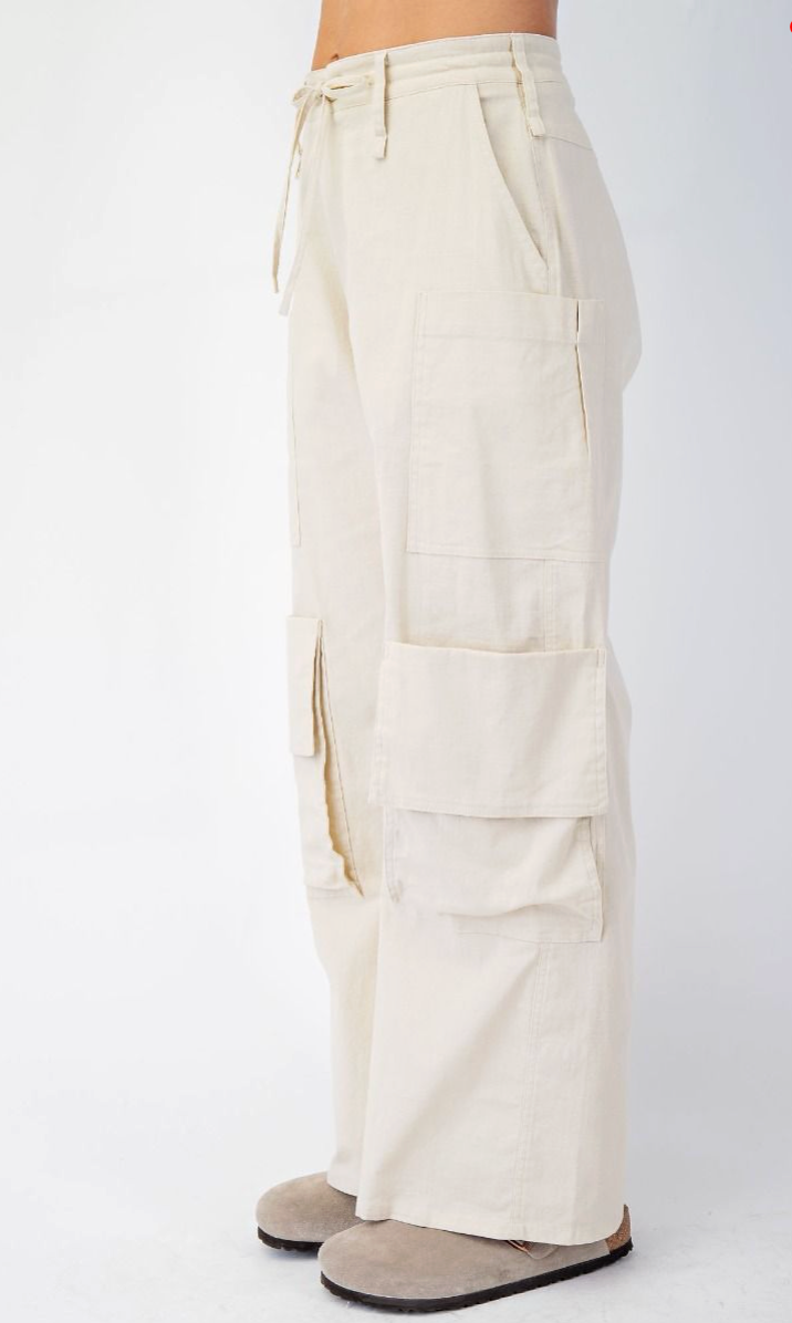 Poly Linen Cargo Wide Pants - Khaki