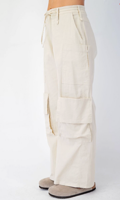 Poly Linen Cargo Wide Pants - Khaki