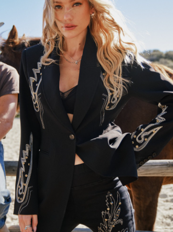 Woven Suiting Embroidered Tunic Blazer