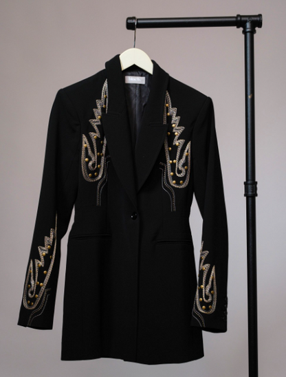Woven Suiting Embroidered Tunic Blazer