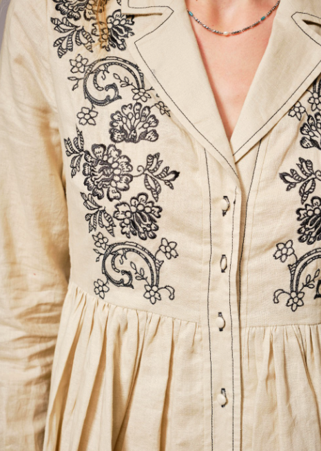 Linen Blend Embroidered Button Flare Dress