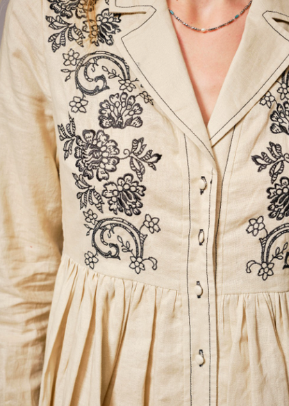 Linen Blend Embroidered Button Flare Dress