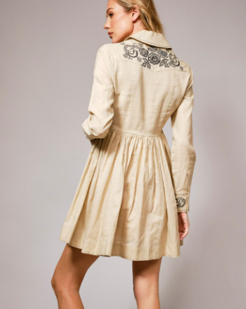 Linen Blend Embroidered Button Flare Dress