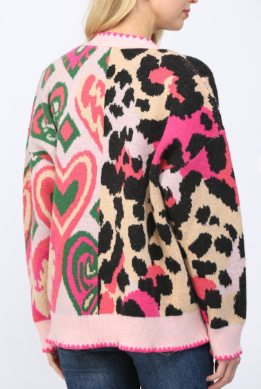 SCALLOPED DETAIL MIXED PATTERN OVERSIZED CARDIGAN