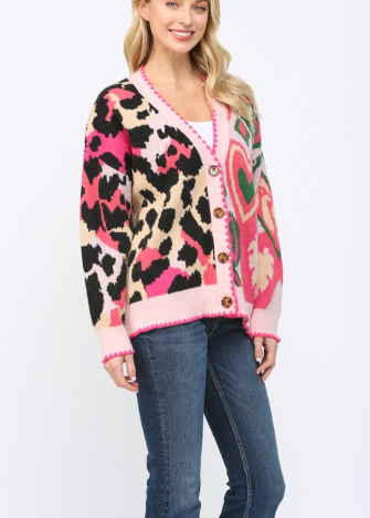 SCALLOPED DETAIL MIXED PATTERN OVERSIZED CARDIGAN