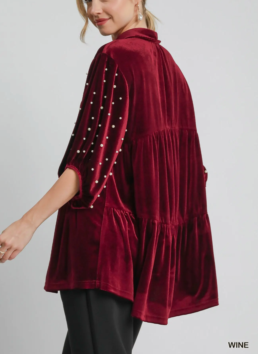 Wine Velvet Tiered Tunic Top